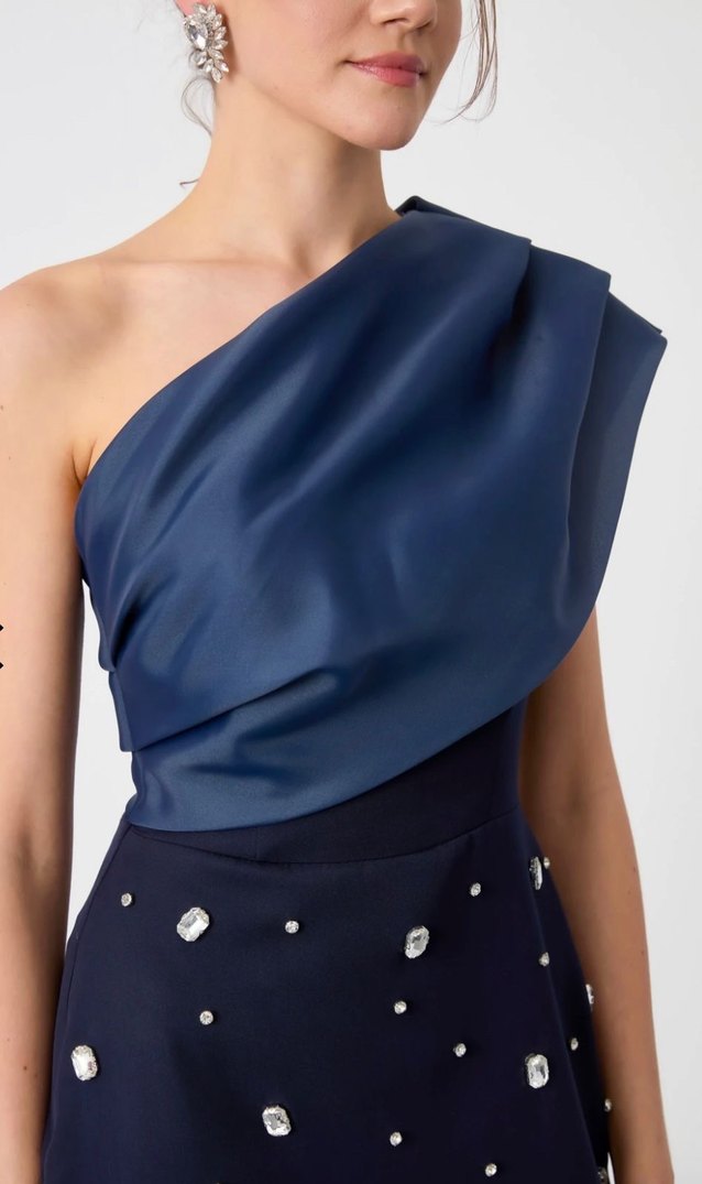 Drapeli Lacivert Straplez Abiye Elbise - Görsel 2