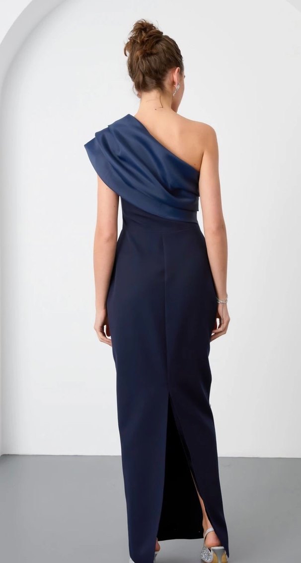 Drapeli Lacivert Straplez Abiye Elbise - Görsel 3