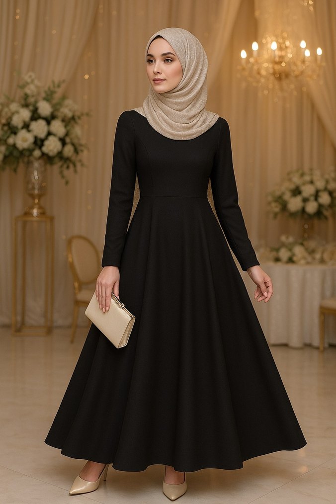 Siyah Uzun Kollu Salaş Uzun Elbise - Görsel 2