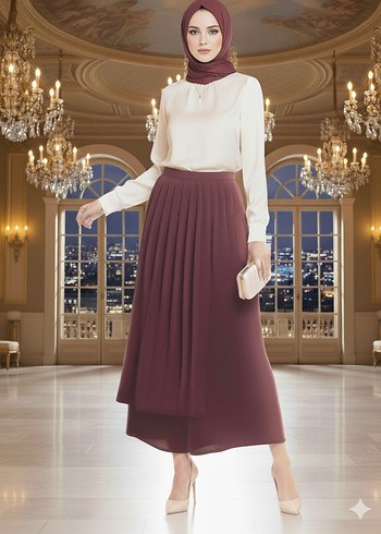 Bordo Pilili Uzun Kadın Etek - Görsel 10