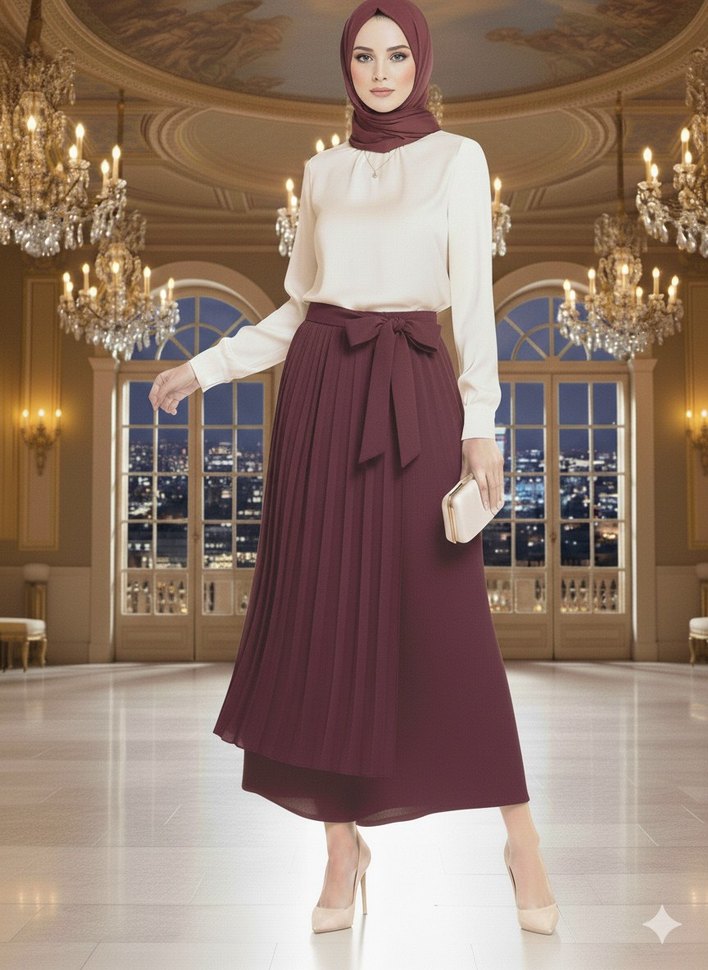 Bordo Pilili Uzun Kadın Etek - Görsel 2
