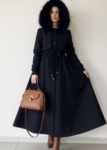 Kadın Siyah Deri Kürklü Uzun Kaban - Görsel 2