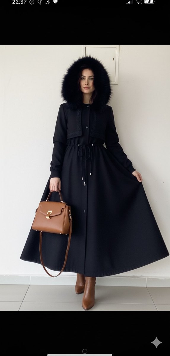 Kadın Siyah Deri Kürklü Uzun Kaban - Görsel 2