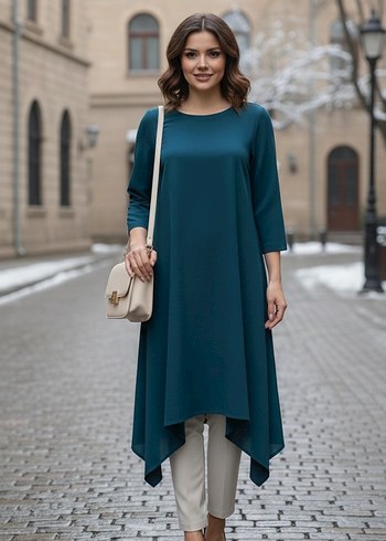 Uzun Kollu Mavi Salaş Tunik - Görsel 6