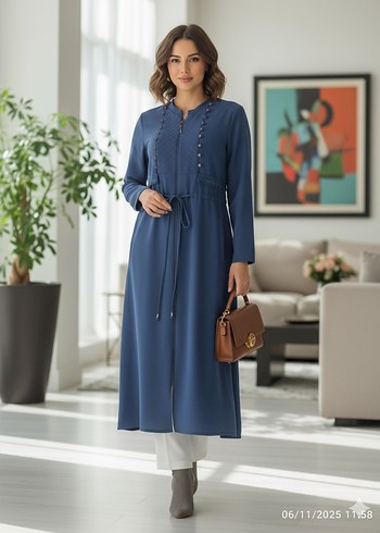 Kadın Lacivert Uzun Düğmeli Kaban - Görsel 10