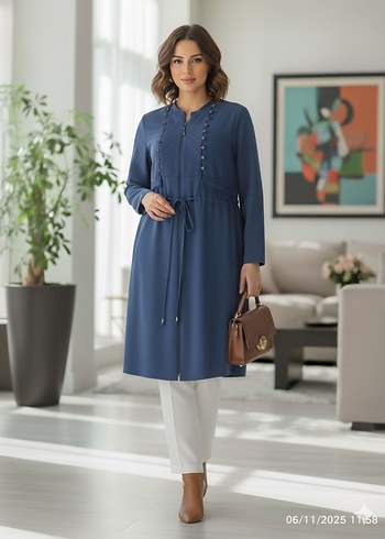 Kadın Lacivert Uzun Düğmeli Kaban - Görsel 2