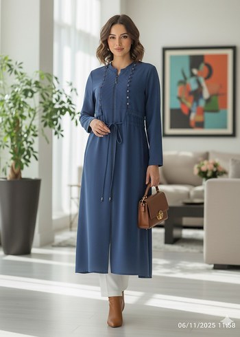 Kadın Lacivert Uzun Düğmeli Kaban - Görsel 9