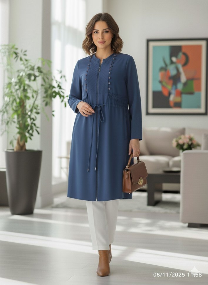 Kadın Lacivert Uzun Düğmeli Kaban - Görsel 2