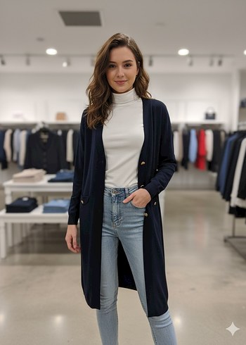 Düğmeli Lacivert Uzun Hamile Ceketi - Görsel 7