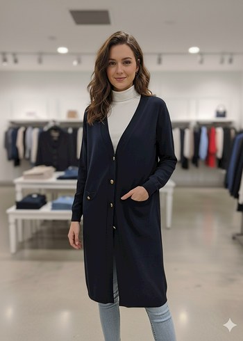 Düğmeli Lacivert Uzun Hamile Ceketi - Görsel 10