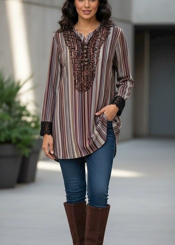 Boncuk Detaylı Bohem V Yaka Kadın Tunik - Görsel 8