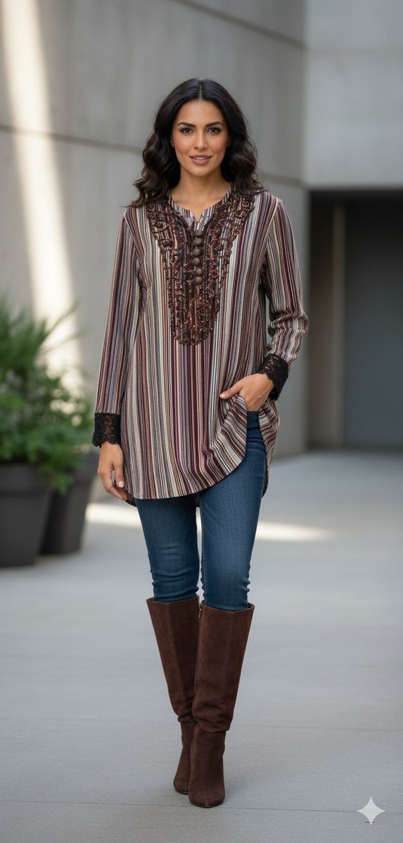 Boncuk Detaylı Bohem V Yaka Kadın Tunik - Görsel 2