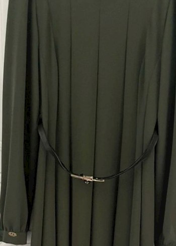 Kemerli Uzun Kol Koyu Haki Elbise - Görsel 3