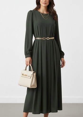 Kemerli Uzun Kol Koyu Haki Elbise - Görsel 8