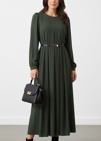 Kemerli Uzun Kol Koyu Haki Elbise - Görsel 4