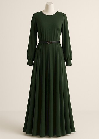 Kemerli Uzun Kol Koyu Haki Elbise - Görsel 2