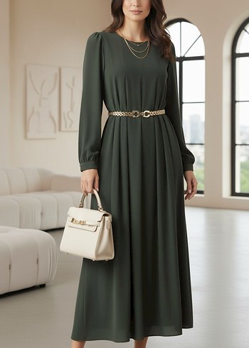 Kemerli Uzun Kol Koyu Haki Elbise - Görsel 5