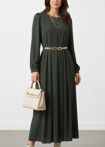 Kemerli Uzun Kol Koyu Haki Elbise - Görsel 7