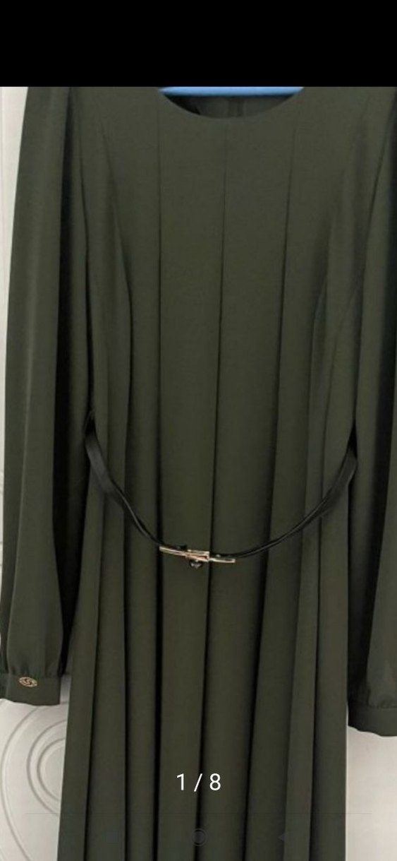 Kemerli Uzun Kol Koyu Haki Elbise - Görsel 3