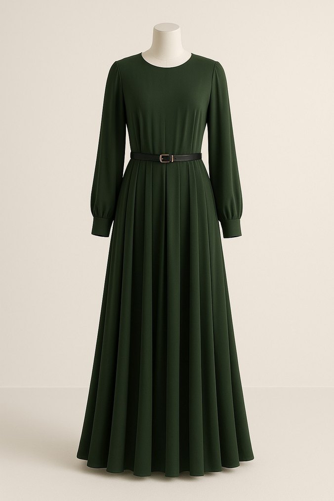 Kemerli Uzun Kol Koyu Haki Elbise - Görsel 2