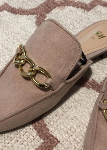 H&M Bej Süet Kadın Terlik, Tokalı, Blok Topuklu - Görsel 2