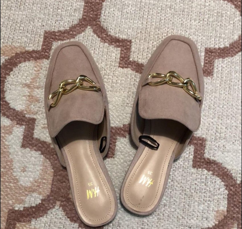 H&M Bej Süet Kadın Terlik, Tokalı, Blok Topuklu - Görsel 3