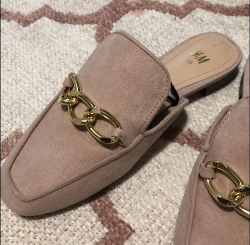 H&M Bej Süet Kadın Terlik, Tokalı, Blok Topuklu - Görsel 2