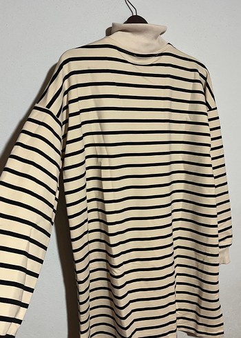 m Beden Bej Çizgili Yarım Fermuarlı Kadın Sweatshirt