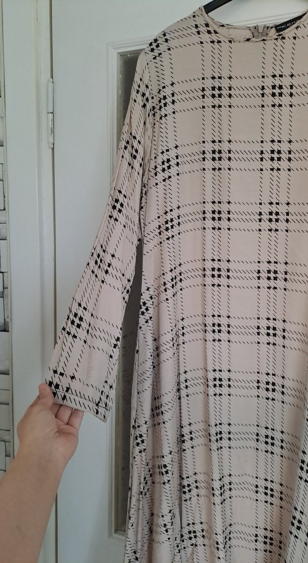 Bej Ekose Desenli Uzun Keten Tunik - Görsel 3