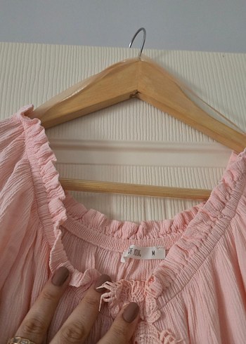 Pembe Nakışlı Bohem Keten Bluz - Görsel 8