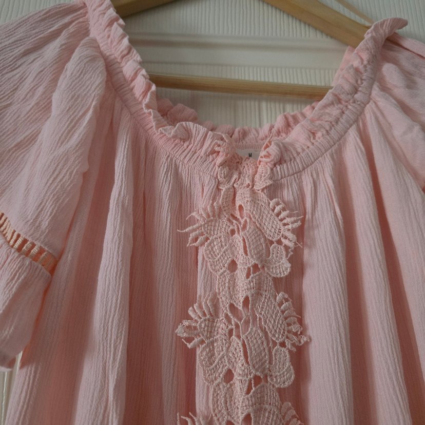 Pembe Nakışlı Bohem Keten Bluz - Görsel 2