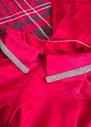 Kısa taş Detaylı Askısız Kırmızı Abiye Elbise - Görsel 6