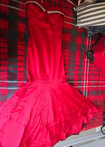 Kısa taş Detaylı Askısız Kırmızı Abiye Elbise - Görsel 7