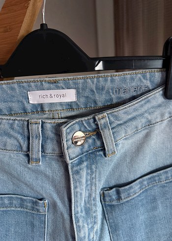 Düğmeli Mavi Bol Kesim Midi Kadın Kot Pantolon - Görsel 4