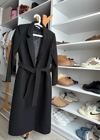 Kuşaklı Siyah Kadın kaşe Kaban - Görsel 2