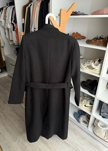 Kuşaklı Siyah Kadın kaşe Kaban - Görsel 4