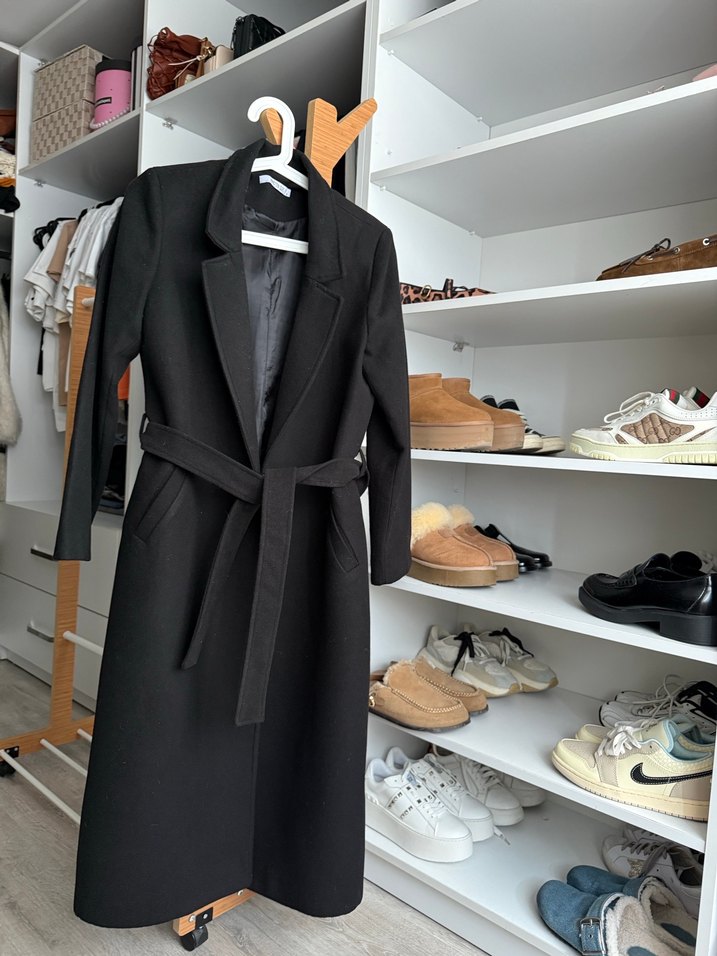 Kuşaklı Siyah Kadın kaşe Kaban - Görsel 2