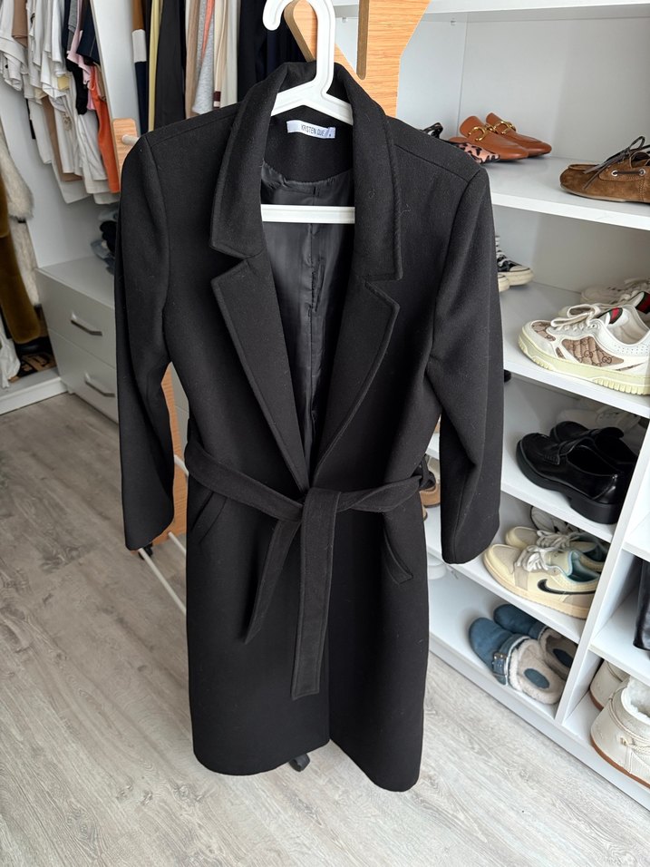 Kuşaklı Siyah Kadın kaşe Kaban - Görsel 3