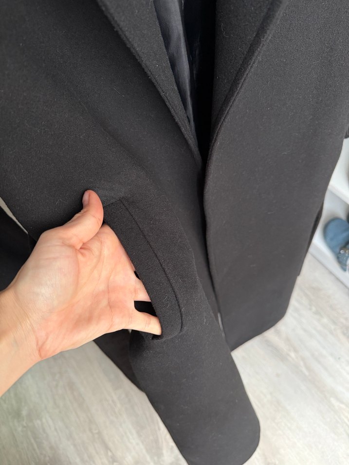 Kuşaklı Siyah Kadın kaşe Kaban - Görsel 5