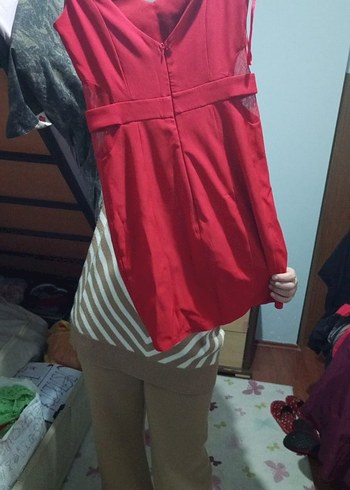 Kırmızı Midi Hamile Elbisesi - Görsel 2