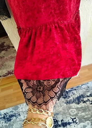 Bordo kadife dantelli elbise