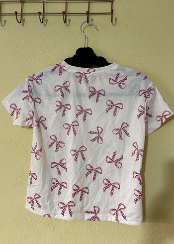 Kız Çocuk Beyaz Kısa Kollu Fiyonklu Tişört - Görsel 4