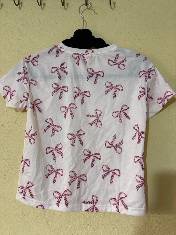 Kız Çocuk Beyaz Kısa Kollu Fiyonklu Tişört - Görsel 5