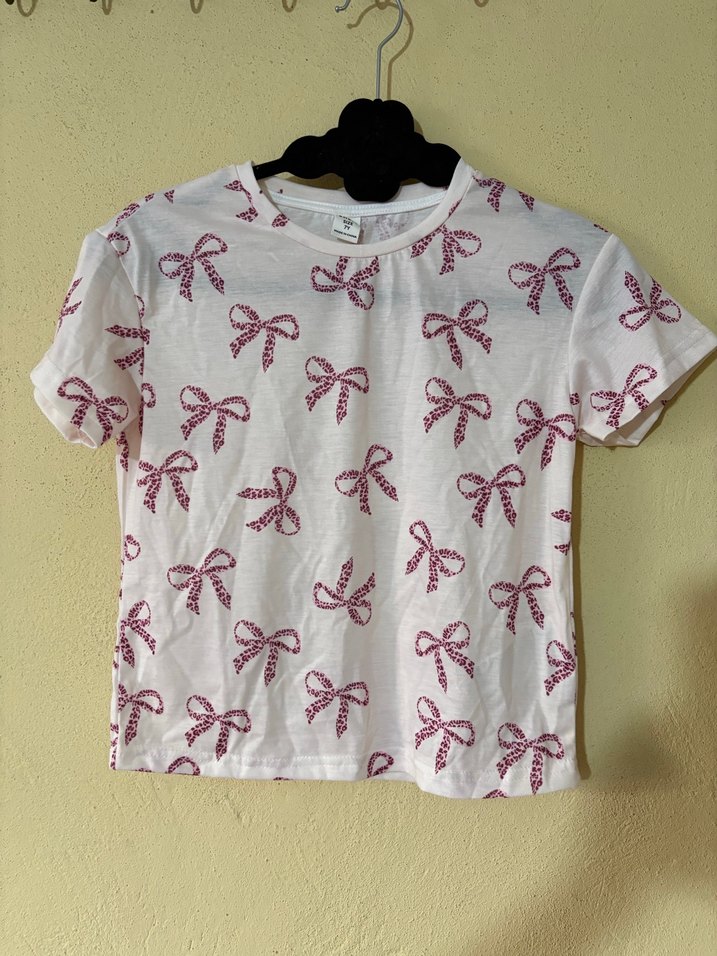 Kız Çocuk Beyaz Kısa Kollu Fiyonklu Tişört - Görsel 2