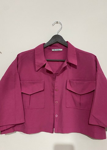 Bordo Kısa Kollu Düğmeli Keten Gömlek - Görsel 2