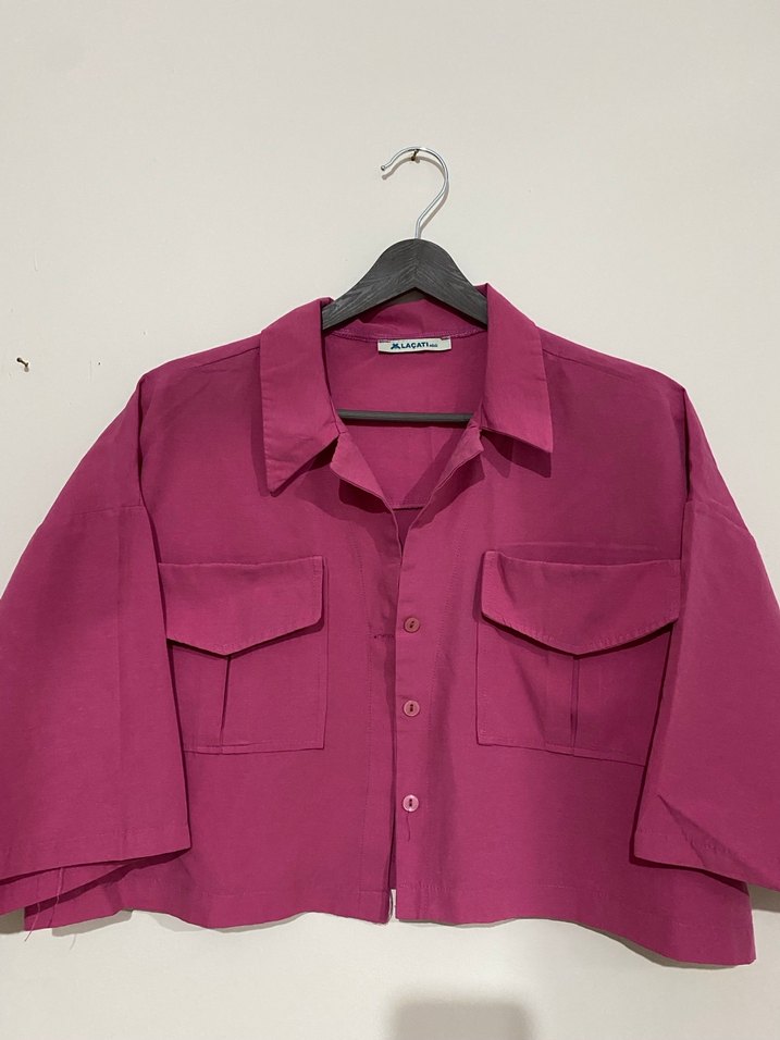 Bordo Kısa Kollu Düğmeli Keten Gömlek - Görsel 2