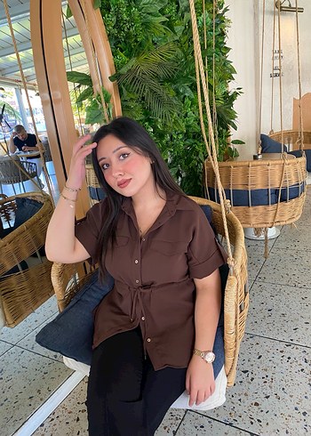 Düğmeli Kahverengi Keten Kadın Gömlek - Görsel 5