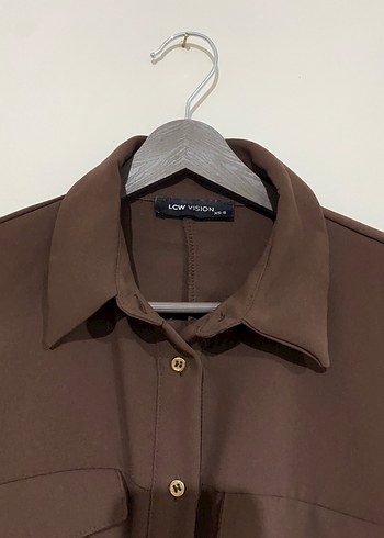 Düğmeli Kahverengi Keten Kadın Gömlek - Görsel 3