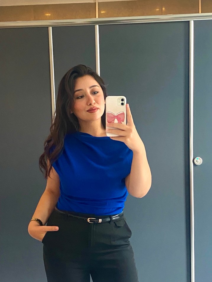 Drapeli Kadın Mavi Wrap Bluz - Görsel 4