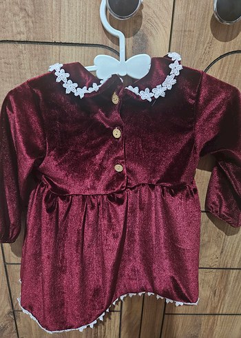 Uzun Kollu Bordo Kız Bebek Elbise Kına Yılbaşı kadife bordo - Görsel 4